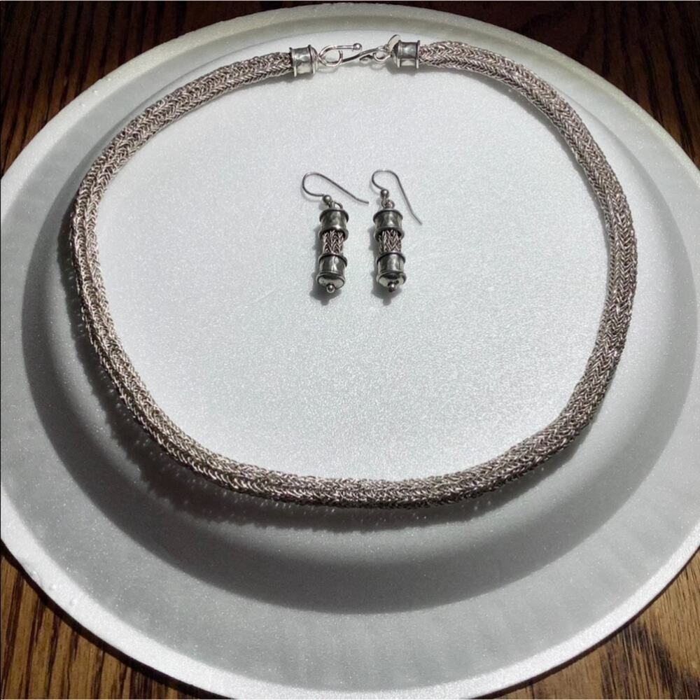 100% Silver Knitted Necklace & Earrings Set - Picture 1 of 13
